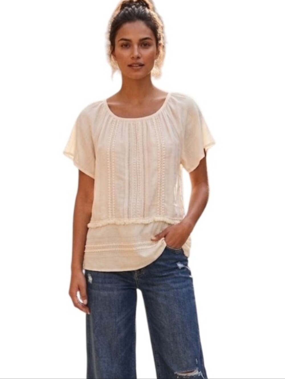 LOFT Cream Crochet-Trim Peasant Top